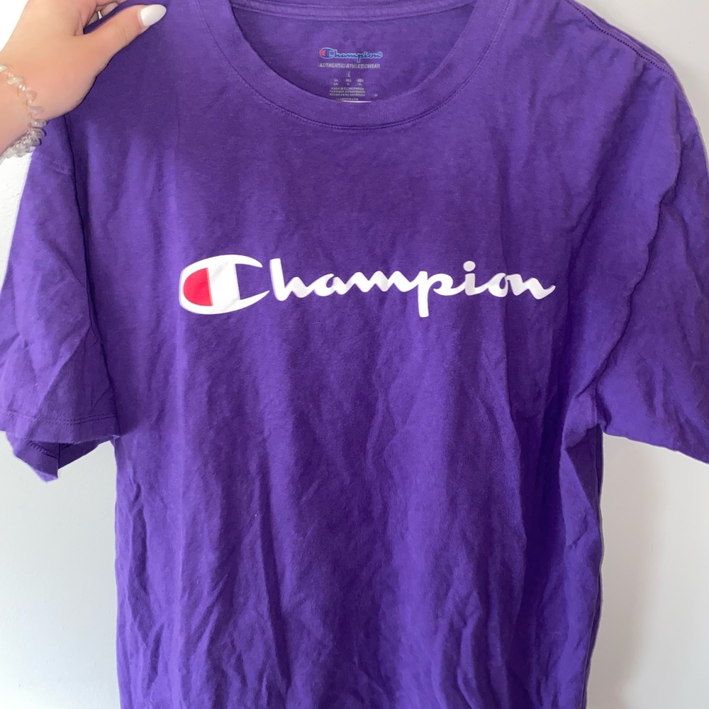 purple champion tshirt; size large